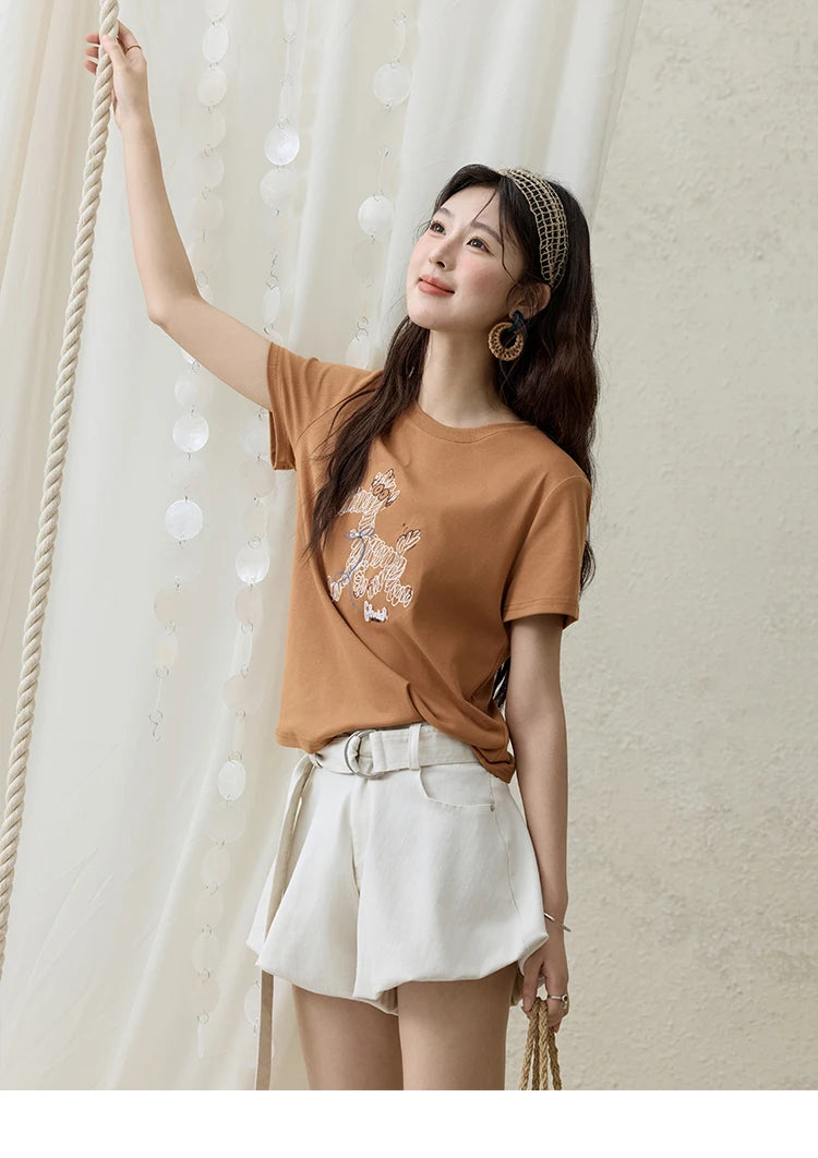 MISHOW Print Women‘s Summer T-shirts 2025 Short Sleeve Round Neck Loose Design Shirt Female Slim Embroidery Tops Lady MXE31T0550
