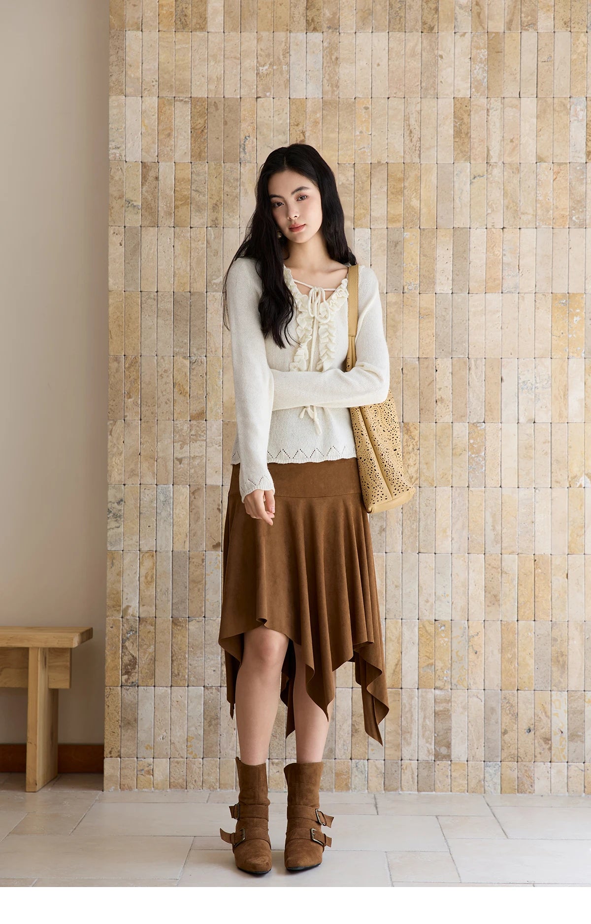 MISHOW Women Long Sleeve Tees 2025 Autumn New V-neck Wood Ear Hollow Out Knitted Sweater Women's  Beige Wool Top MXE51Z2595