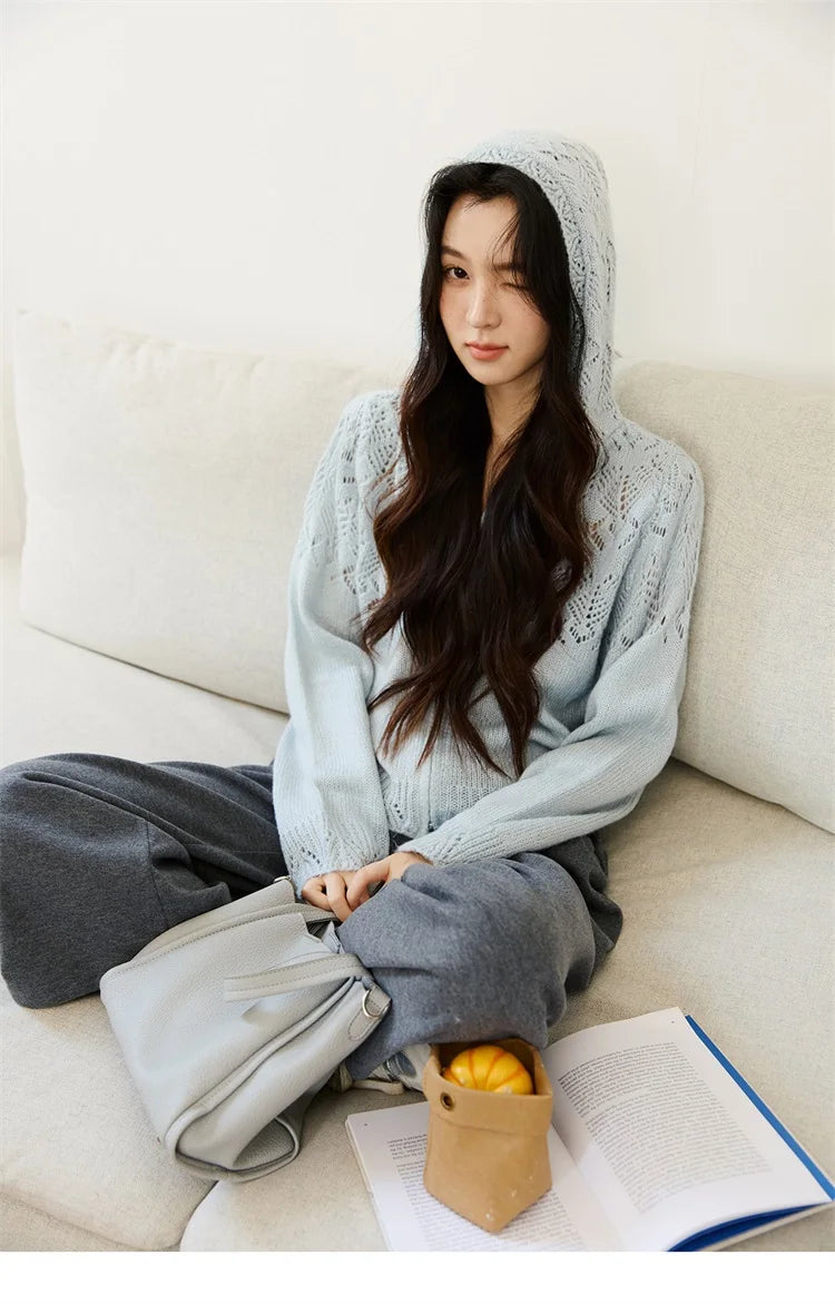 MISHOW Women's Autumn Cardigan 2025 New Loose Blue Hollow Knitted Cardigan Commute Hooded Short Zipper Sweater MXE46Z2584