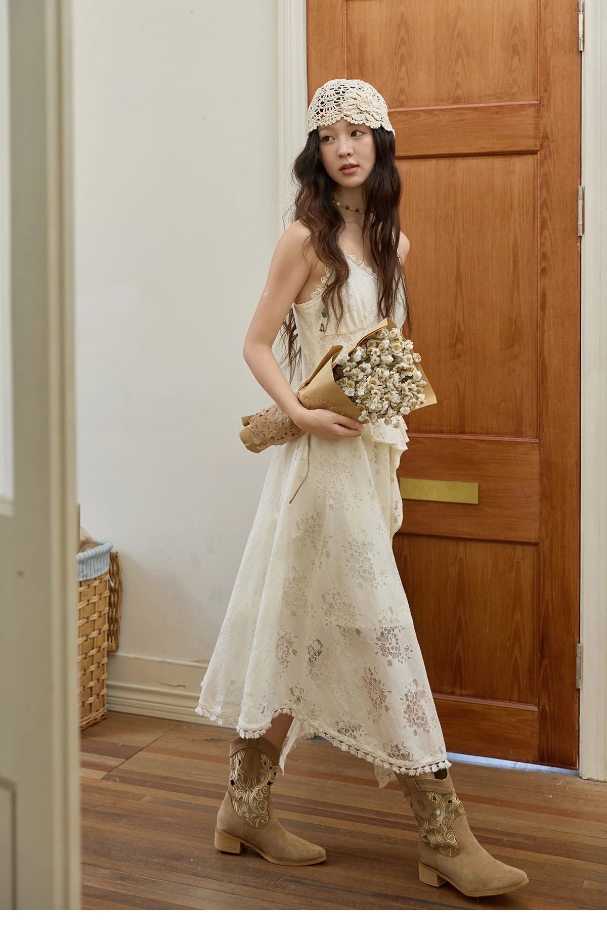 MISHOW Bohemian Apricot Lace Camisole Inner Dress Autumn Irregular Ruffle Tassel Hem Dresses Front Side Fork Dress MXE43L2449