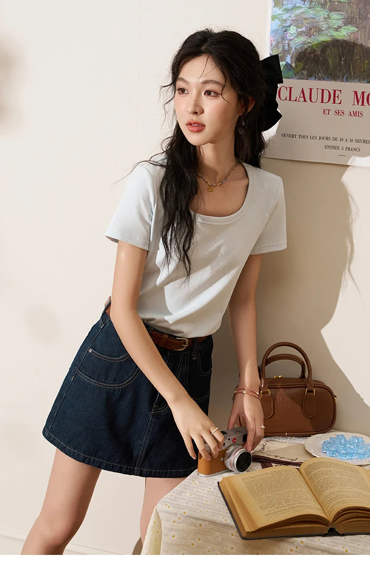 MISHOW Short Sleeve T-shirts Women Spring Solid Square-neck Top Elegant Woman Clothes Office Lady Cotton Tees MXC12T0641