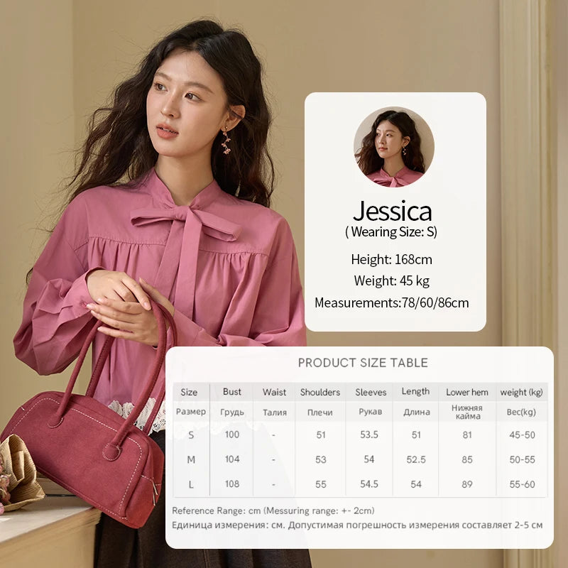 MISHOW Women's Rose Red Stand Collar Shirt 2025 Autumn Bow Tie Hem Splicing Lace Tops Elegant Shirts Office Lady MXE43C2380