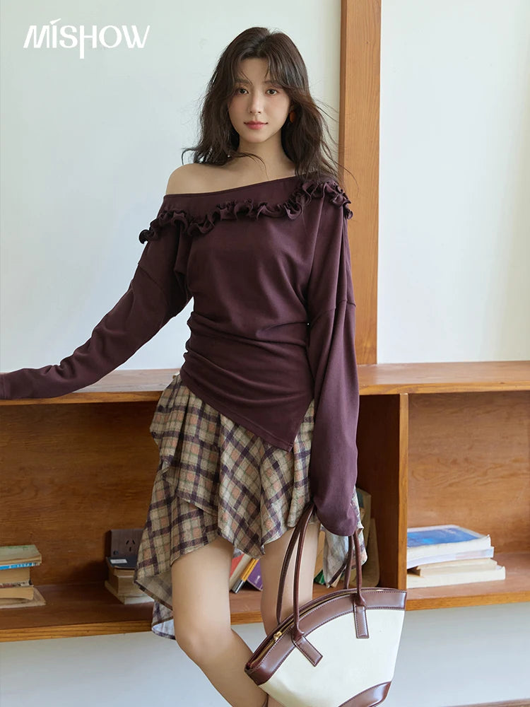MISHOW Purple Plaid Irregular Skirt for Women Autumn 2025 Linen Blend Invisible Zipper Short Skirt Ruffle Hem Skirts MXE42B2395