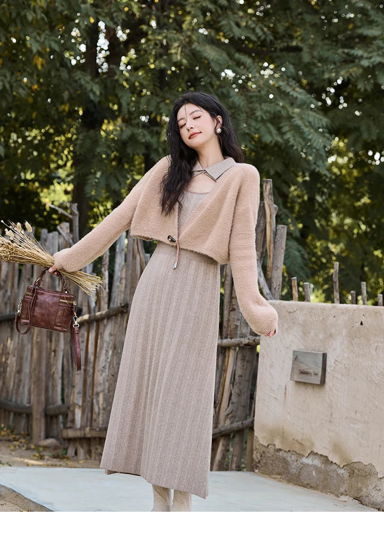 MISHOW Women’s Sweater Top Dress Separately 2024 Fall Winter Fashion Imitation Mink Fur Sweet Coat Knitted Dress MXD45L2043