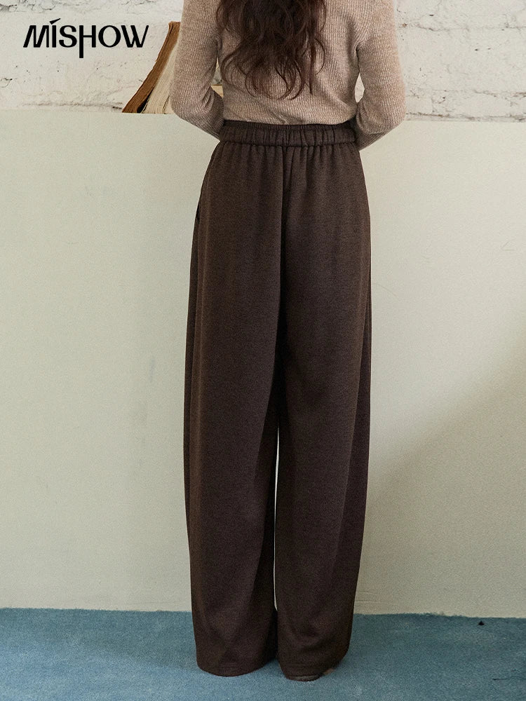 MISHOW Brown Wide-leg Pants for Women2025 Winter Thickened Warm Drawstring Waistband Retro Casual Trousers Woman MXE87K1126