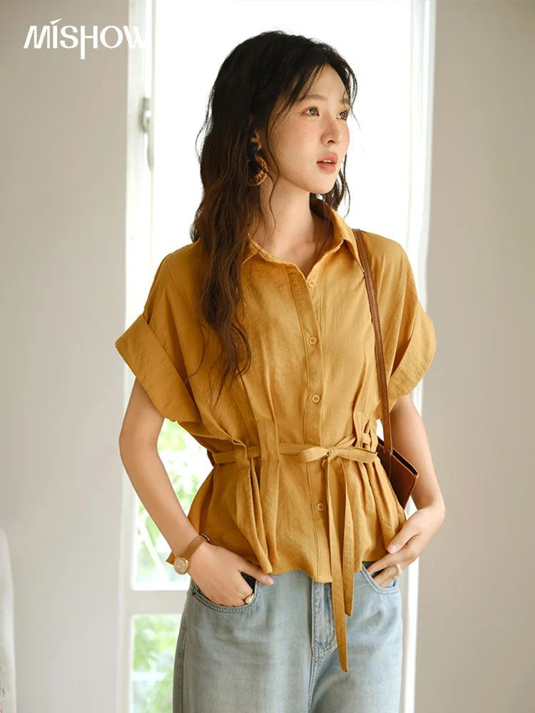 MISHOW Women's Casual Shirt 2025 Summer New Lace Up Button Turn-Down Collar Top Retro Orange Shirt Women's Clothing MXE37C0809