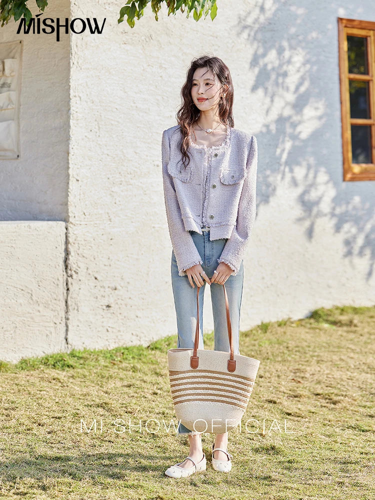 MISHOW Tassel Fragrant Coat for Women 2025 Spring Rose Buckle Weave Short Coats Elegant Square Neck Straight Coats MXE13W0733