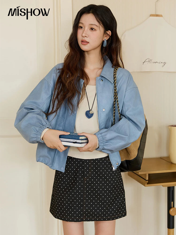 MISHOW Women's Blue Short Jacket 2025 Autumn Hip-hop Style Loose Zipper Coat Commute Pu Leather Lapel Fashion Jackets MXE45W0822