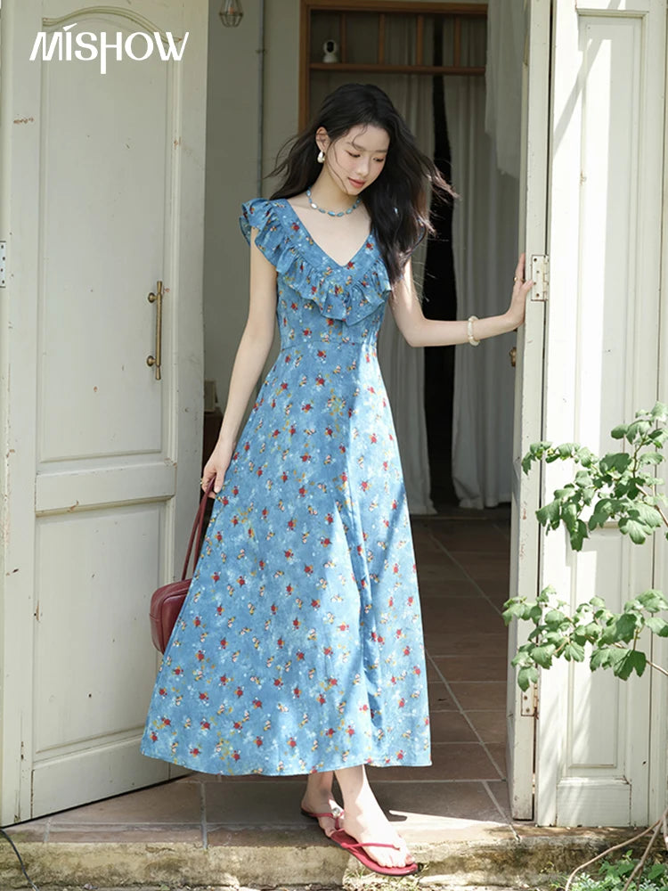 MISHOW Women's Fashion V-neck Ruffled Floral Dress Summer 2025 Flying Sleeve Waist Lace Up Casual Vacation Dresses MXE39L2436