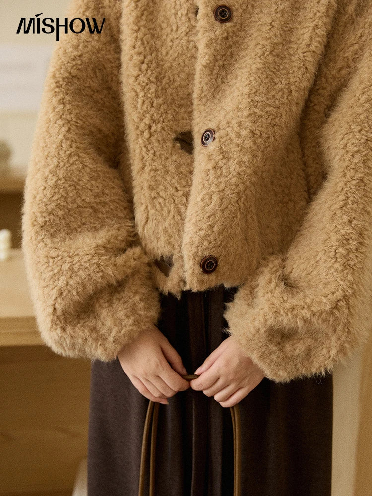 MISHOW Women's Lamb Wool Jacket 2025 Winter Retro Casual Coat Crew Neck Long Sleeve Soft Jacket Commuting Windproof MXE90W0995