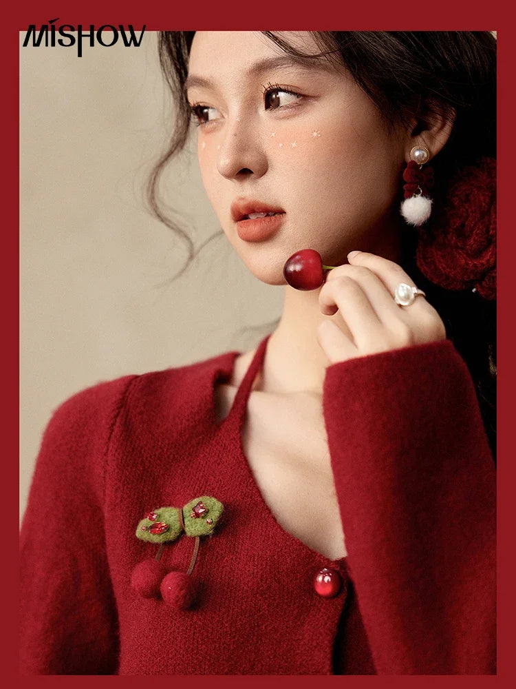 MISHOW Red Knitted Short Cardigan Women Autumn Winter New Cherry Ornaments Sweet Slim Fit V-neck Long Sleeve Tops MXD112Z1006