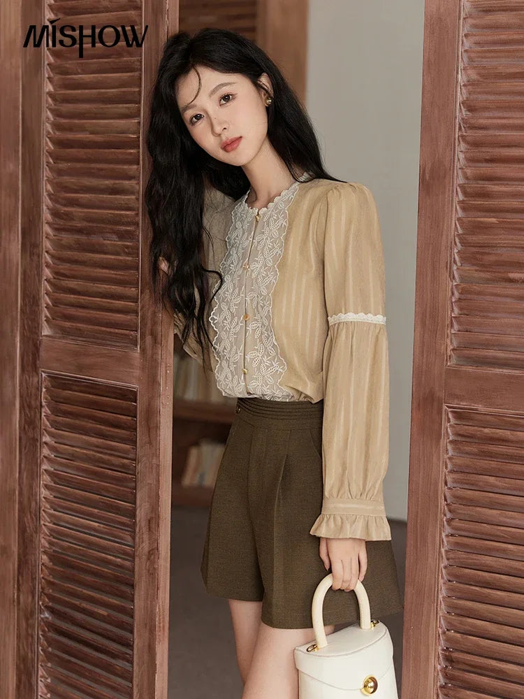 MISHOW Vintage Mesh Embroidery Blouse Women Lace Striped Lace Collar Long Sleeve Top French Lantern Sleeve Outwear  MXD47X1664