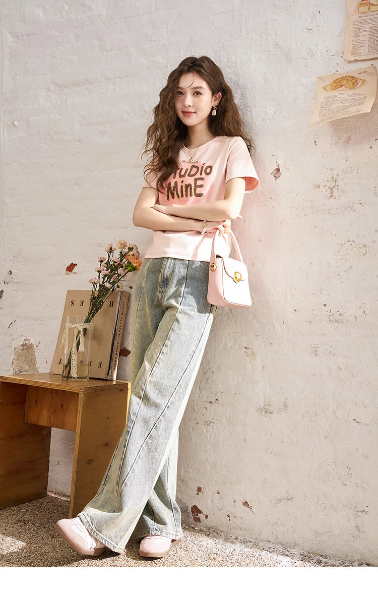 MISHOW Letter Print Short Sleeve T-shirt for Women 2024 Spring Summer New Loose Casual Tshirt Woman Crew Neck Tee Top MXD13T0164