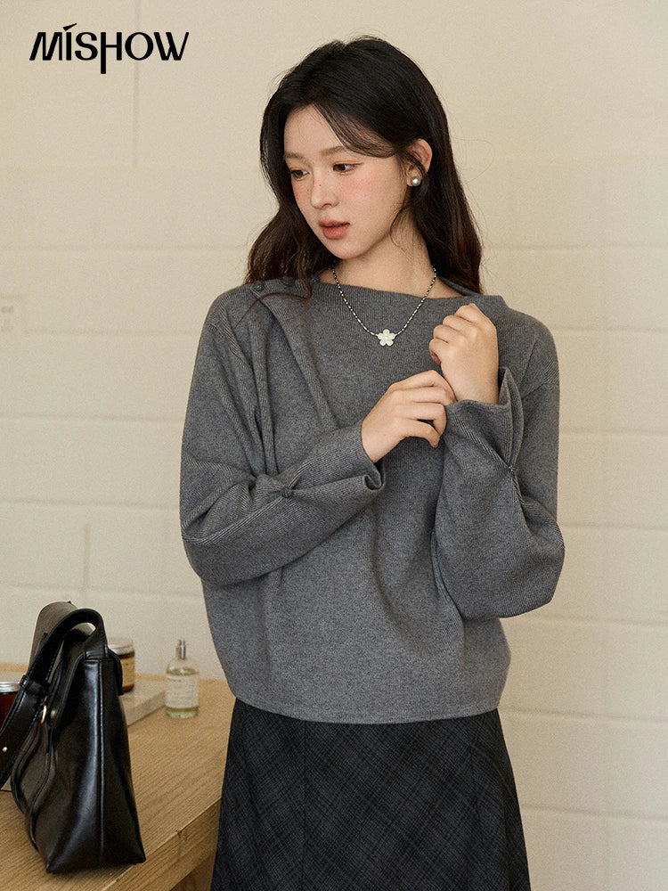 MISHOW Woman Gray Top 2025 Autumn French-style Diagonal Placket Knit Sweater Casual High-end Loose Pullover Woman MXE86Z2744