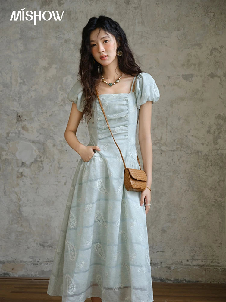 MISHOW Fashion Embroidery A-line Dress for Women 2025 Summer Puff Sleeve Square Neck Vacation Dresses Female Clothing MXE34L2265