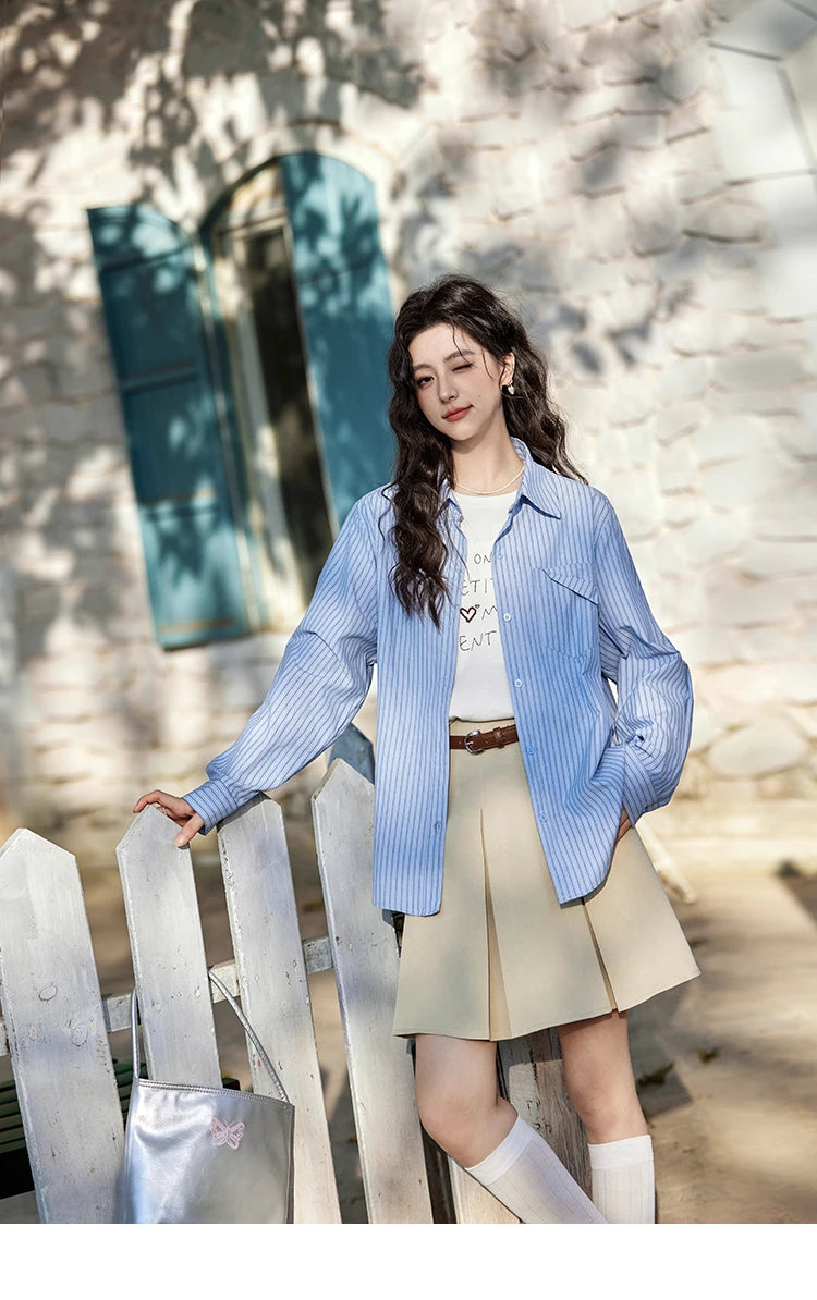 MISHOW Blue Striped Shirt for Women 2025 Spring Versatile Office Lady Tops Pocket Turn-down Collar Long-Sleeve Shirts MXE11C0399