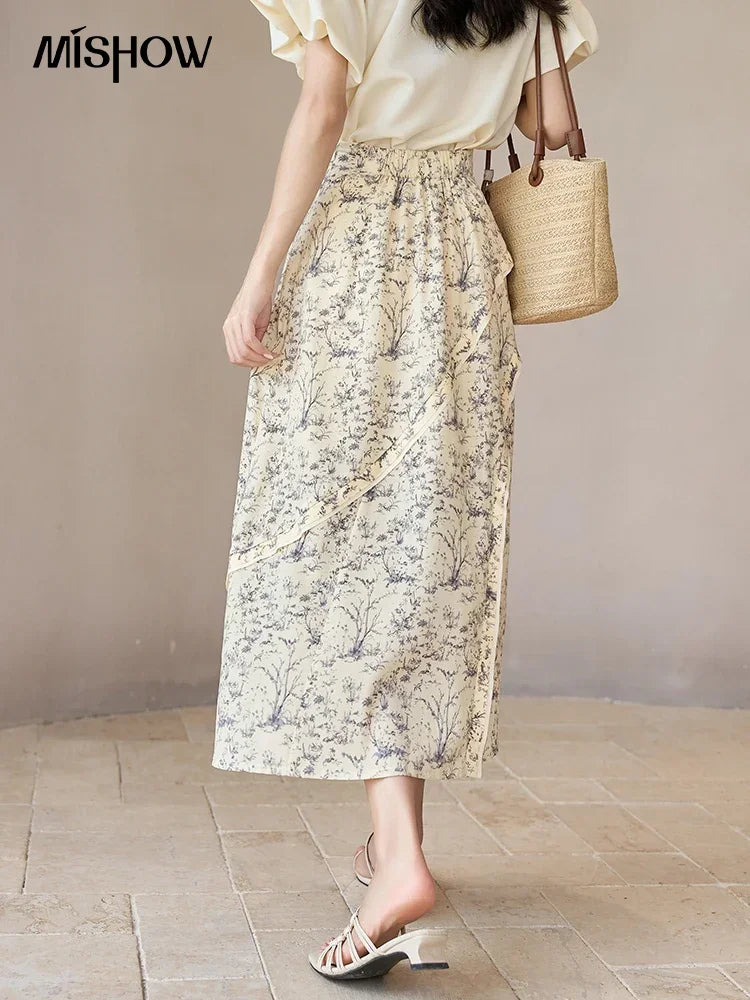 MISHOW Retro Floral Midi Skirt for Women Summer 2023 Side Split High Waist A-line Elegant Elastic Waist Long Skirts MXC37B0044