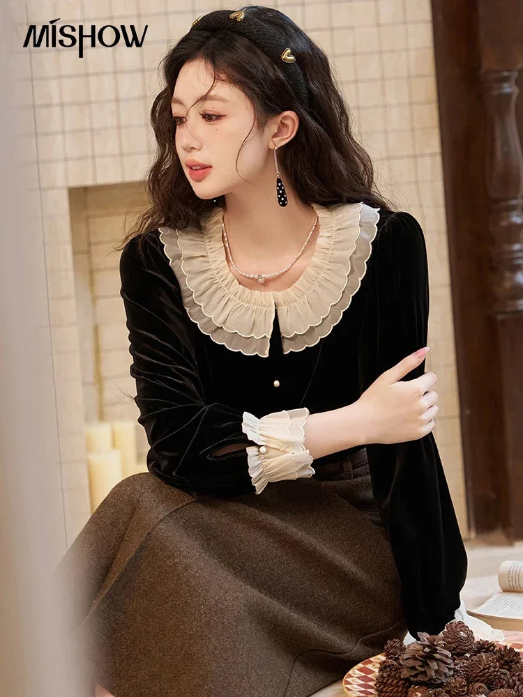 MISHOW French Retro Velvet Blouses for Women 2025 Autumn Winter Button Down O Neck Korean Long Sleeve Shirt Tops MXC51X1323