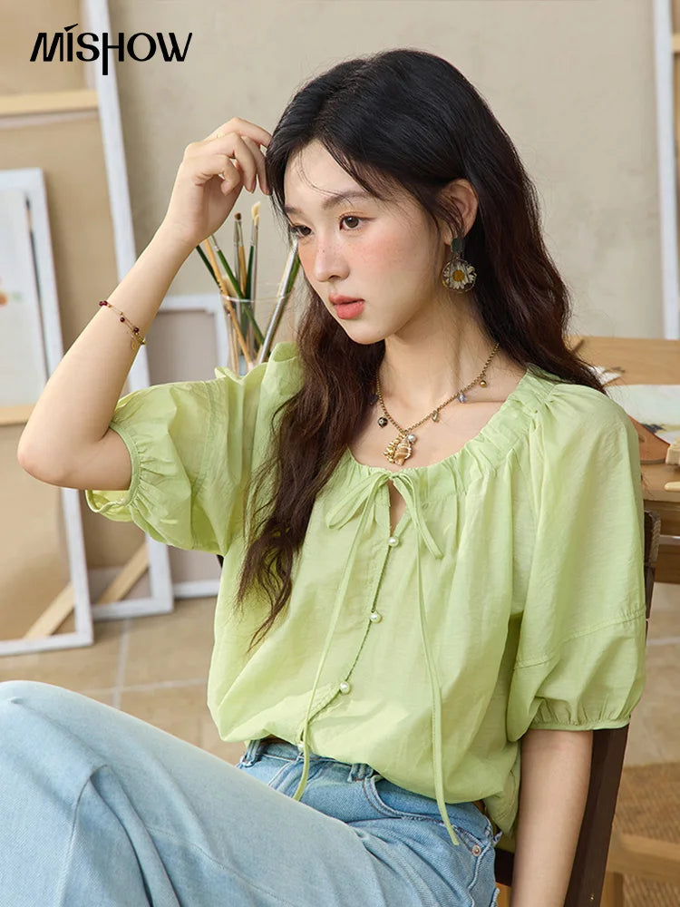 MISHOW Women's Round Neck Blouse 2025 Summer New Fashion Lace Up Puff Sleeve Casual Chiffon Top Ladies Clothing MXE36X1875