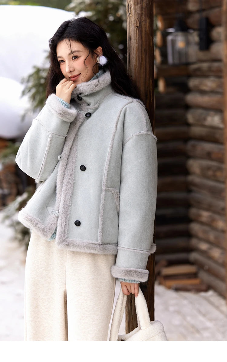 MISHOW Leather Fur Coat Fur Collar with Bag Women Winter Clothes Suede Plush Jacket Pocket Soft Thickened Warm Tops MXD57W0737