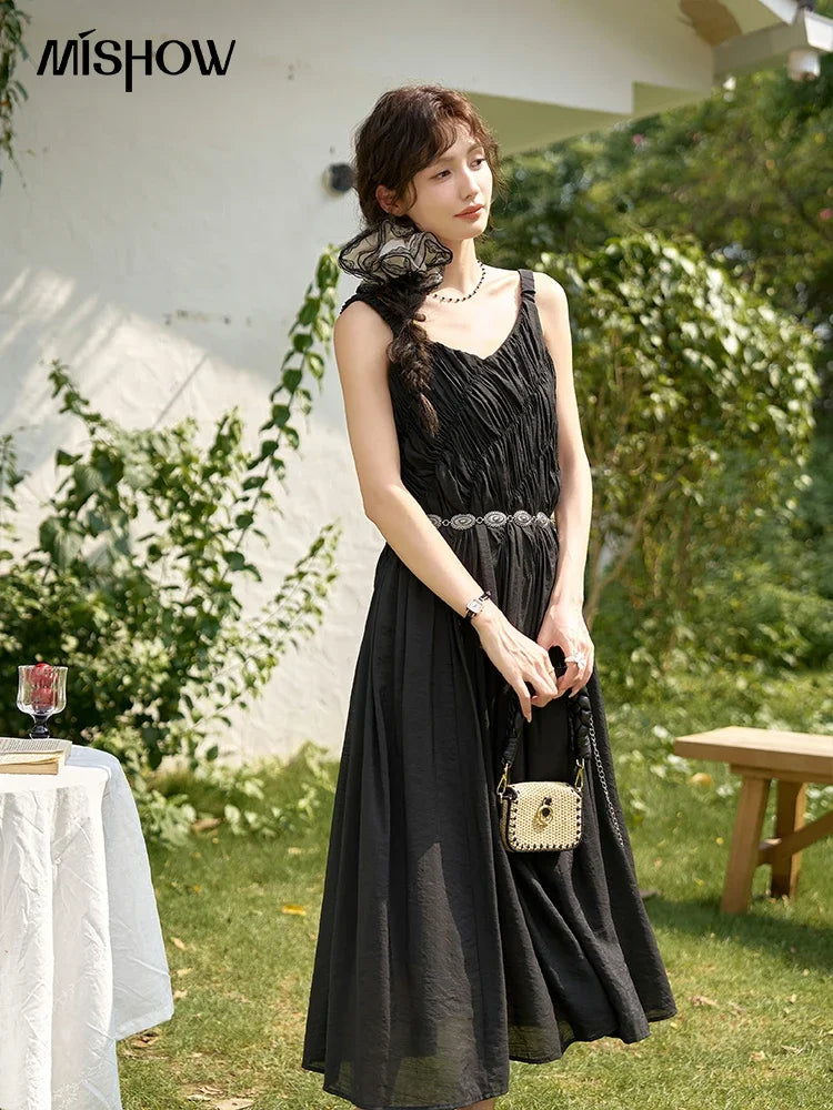 MISHOW French Retro Pleated Upper Suspender Dress for Women 2024 Summer Vacation Sleeveless Solid Mid Length Dresses MXD26L1939