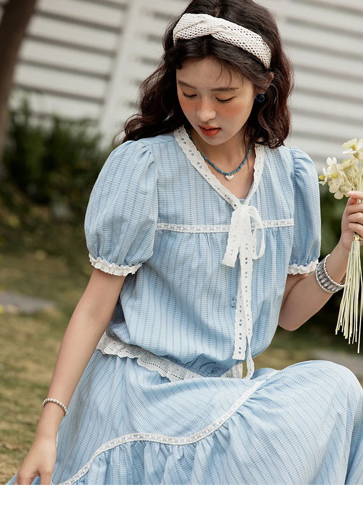 MISHOW Elegant Summer Skirts Sets Women 2025 Short Sleeve V-neck Tops Blue Stripe Lace A-line Skirt Woman Slimming MXE31T0531
