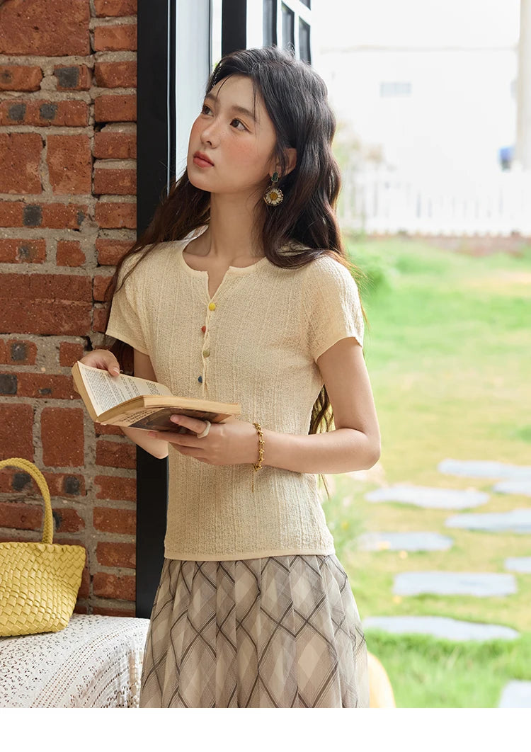 MISHOW Short Sleeved Knitted T-shirt for Women Summer 2025 Twisted Design Dopamine Button Tees Slim Breathable Top MXE34Z1243