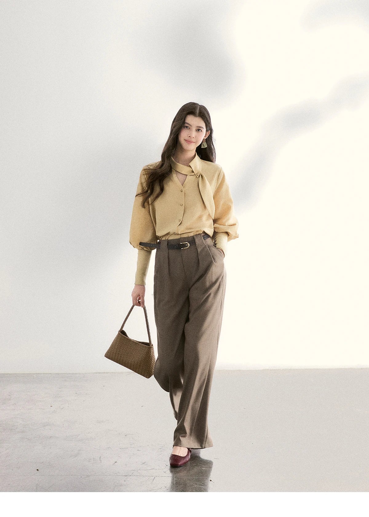 MISHOW Women's Tie Neck Shirts Spring Hollow-out Knitted Patchwork Puff Sleeve Tops Casual Elegant Shirt Office Lady MXF108C0812