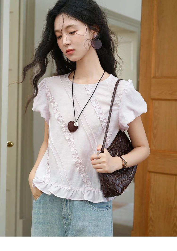 MISHOW Fashion Fungus Edge Puff Sleeve Blouses for Woman 2025 Summer O-Neck French Sweet Loose Top Ladies Clothing MXE39X1941