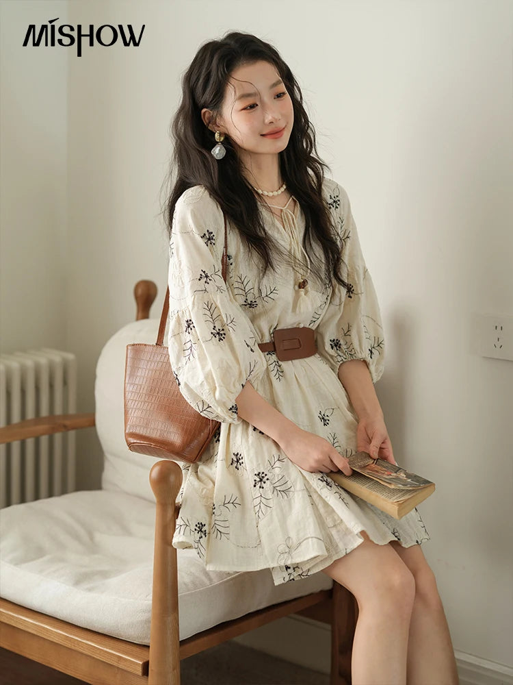 MISHOW Embroidered Doll Dress 2025 Seven Cent Lantern Sleeve Dress O-neck Tassel Lace-up Cotton Dress with Waist Belt MXE41L2480