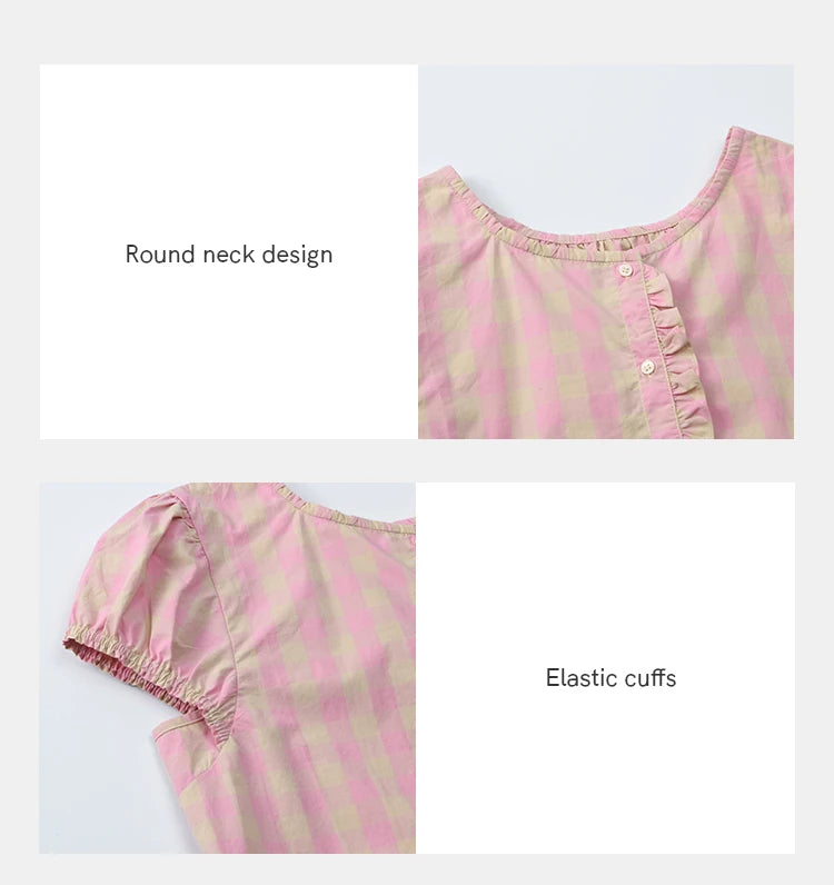 MISHOW Women's Puff Sleeve Plaid Button Shirt 2025 Summer New Fashion O-Neck Wood Ear Casual Shirt Cotton Pink Top MXE39X1932