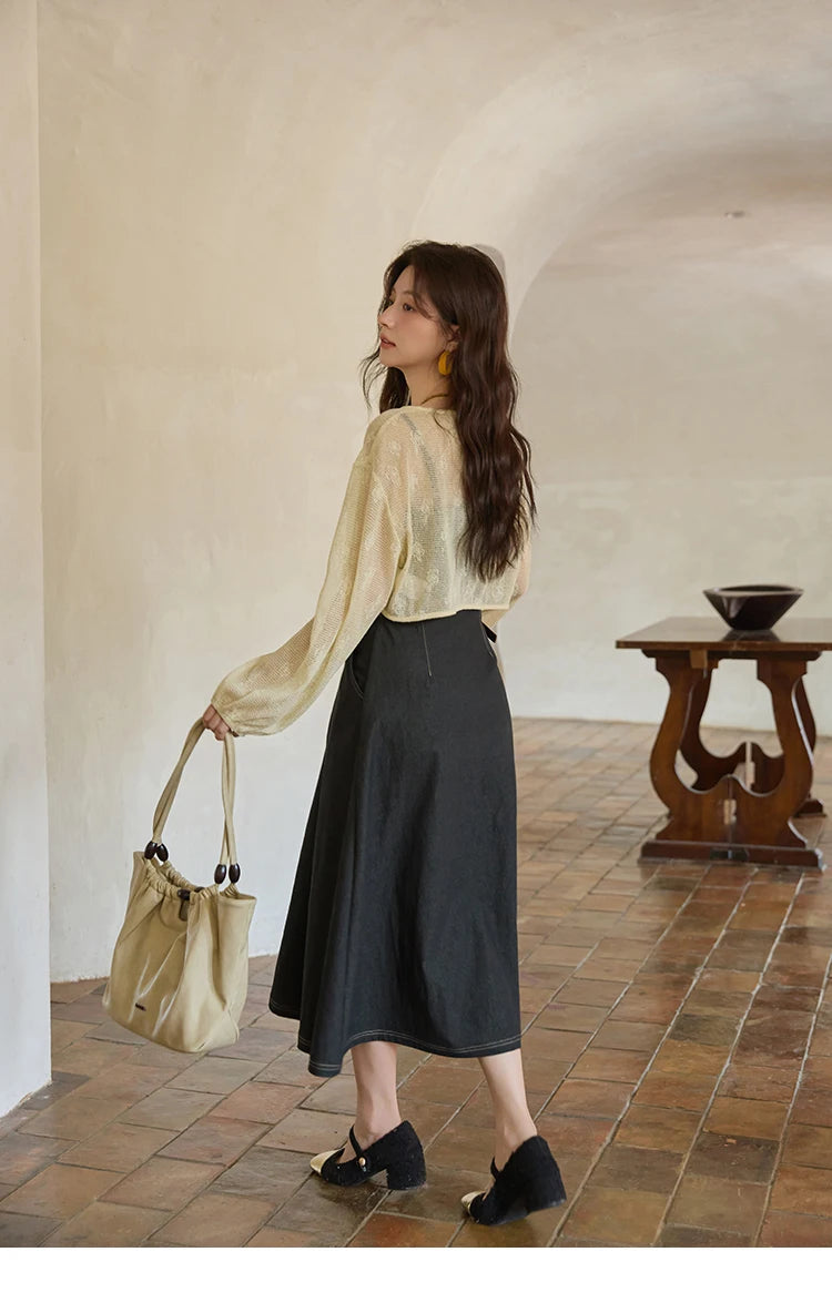 MISHOW Women's Two-Piece Set 2025 Lantern Sleeves Knitted Cardigan Imitation Denim Strap Dress Set With Belt Included MXE41T0704