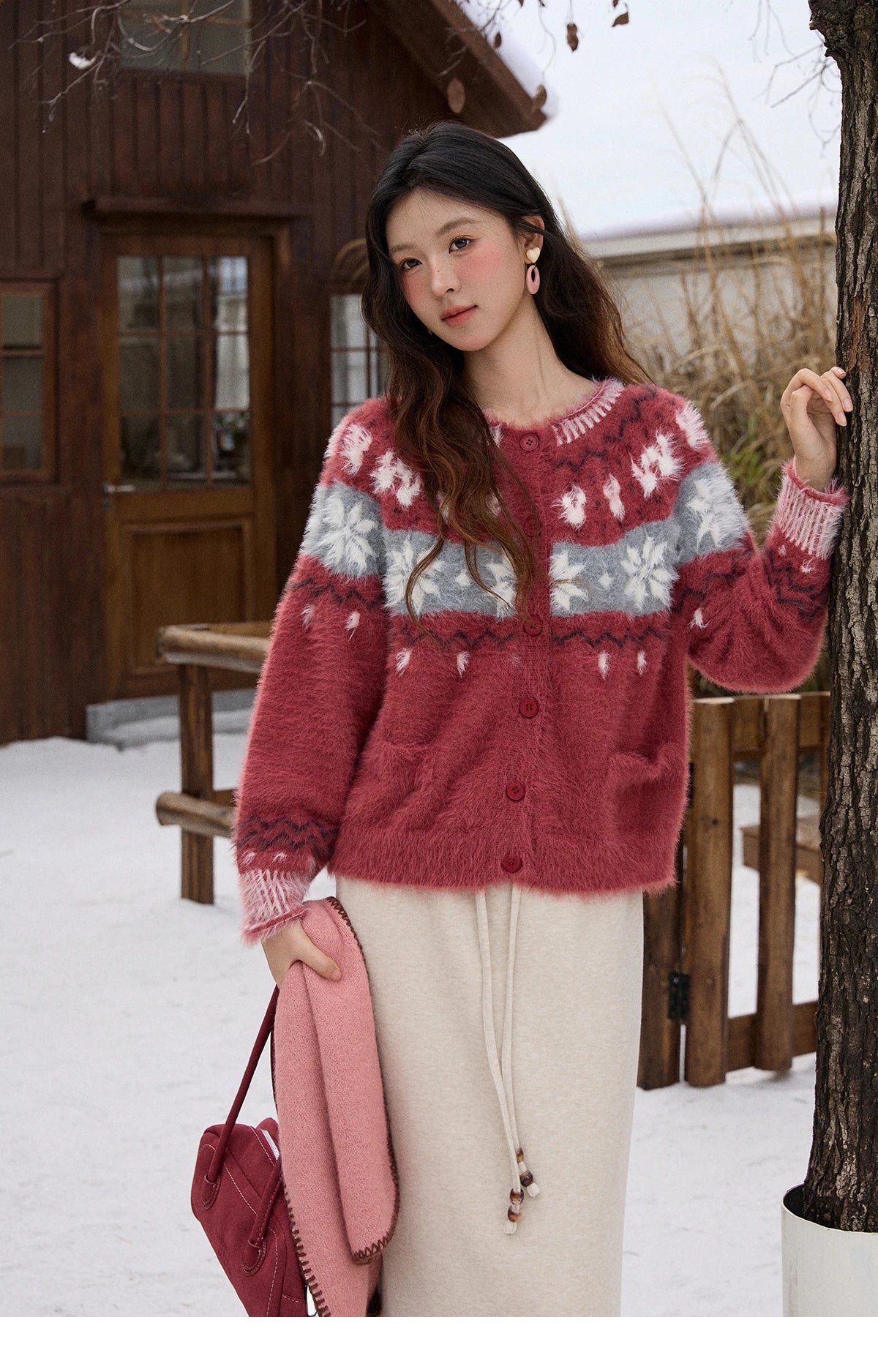 MISHOW Christmas Retro Red Imitation Mink Fur Soft Cardigan 2025 Winter Snowflake Jacquard Sweater Round Neck Tops MXE91Z2801