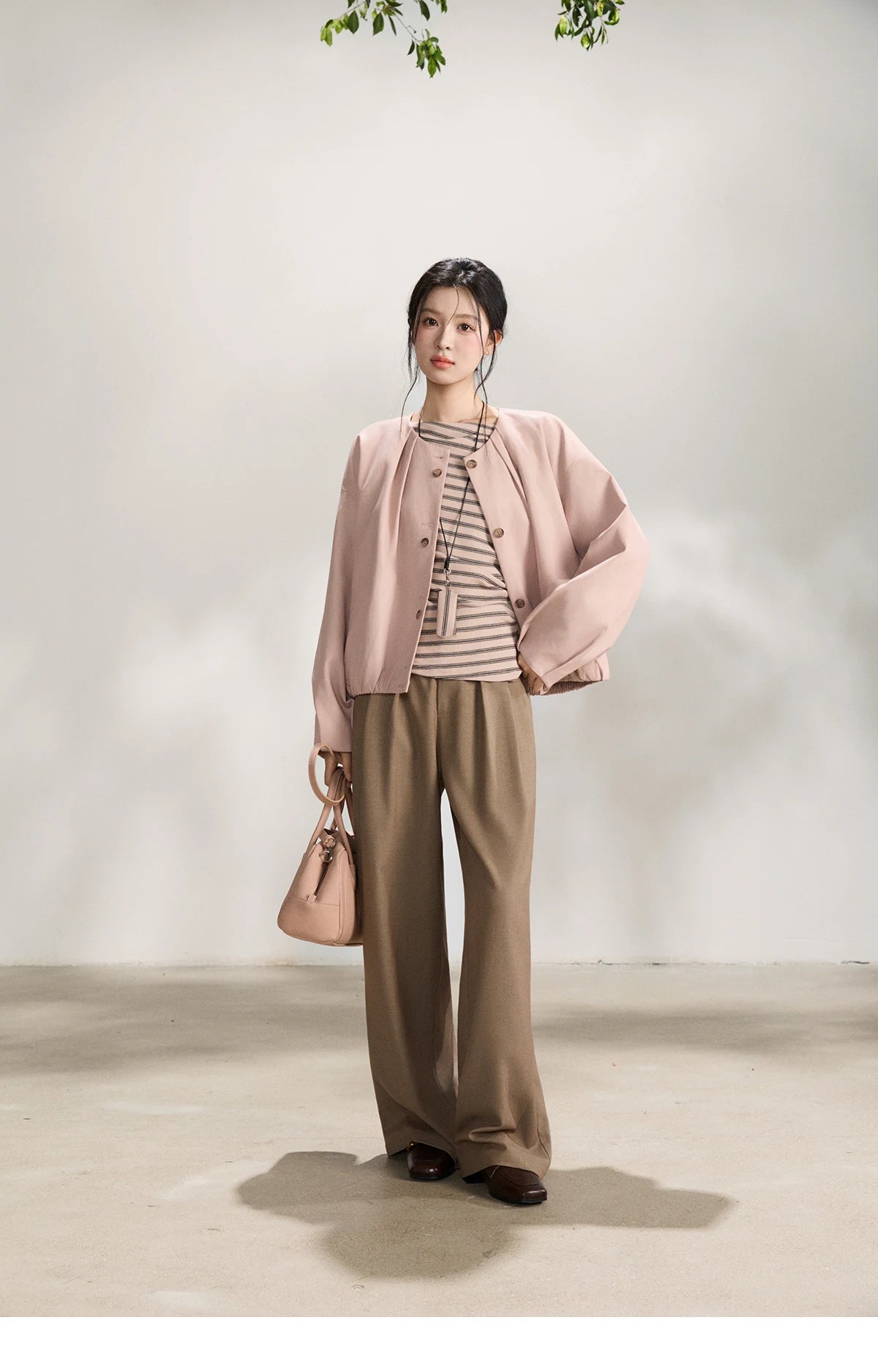 MISHOW Women's Pink Flower Bud Leather Jacket Spring 2026 Crew Neck Single-breasted Coats Casual Loose Cropped Coat MXF108W1001