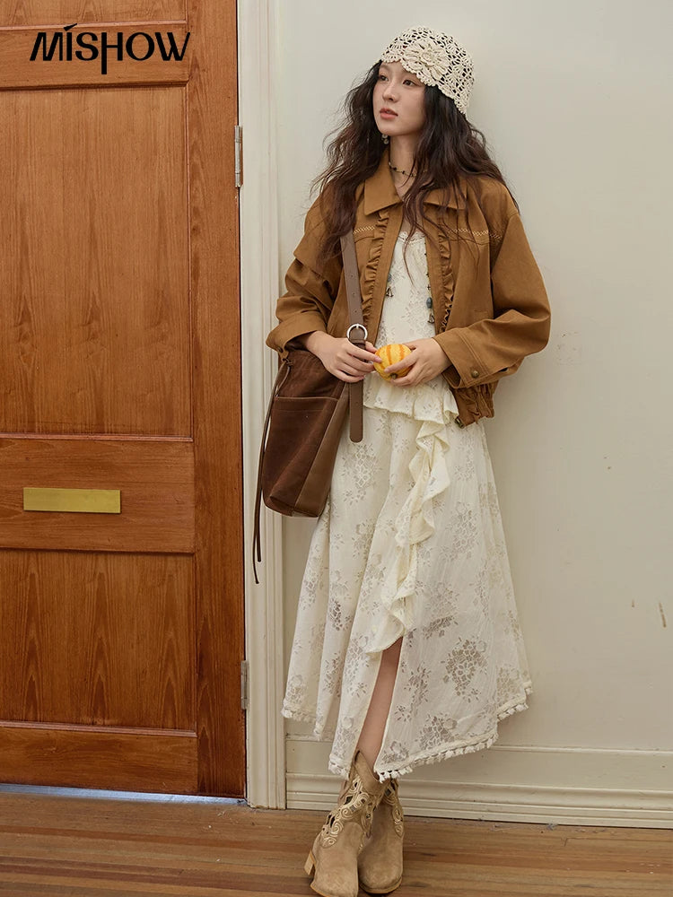 MISHOW Brown Suede Short Coat with Fungus Edge Pleating Autumn 2025 Lapel Zipper Casual Jackets Hem Elasticity Coats MXE43W0803