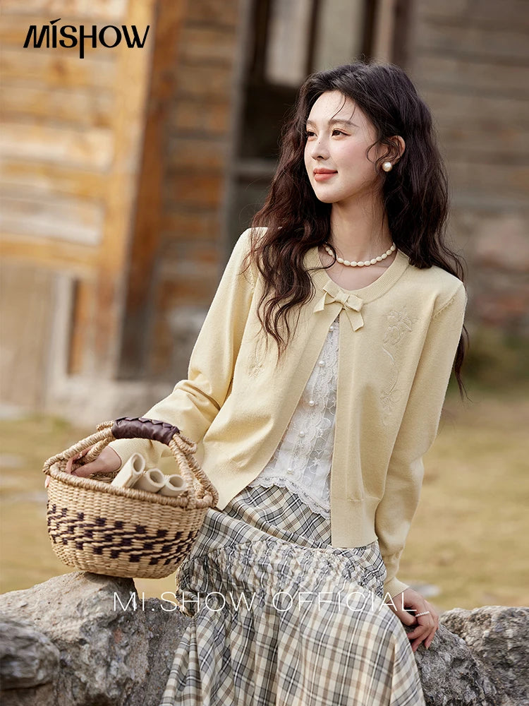MISHOW Women's Iris Embroidery Round Neck Cardigan 2025 Spring Loose Knitted Thin Bow Design（Not Include Lace Vest）MXE13Z1142