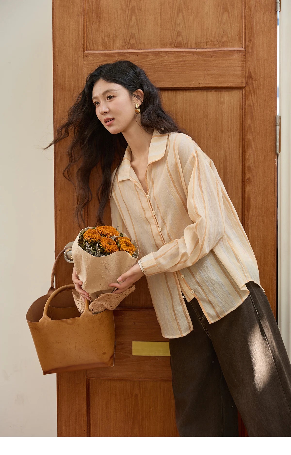 MISHOW Women's Korean Orange Stripe Linen Shirt 2025 Autumn Lapel Collar Lace Trim Cuffs Breathable Shirt Office Lady MXE43C2379