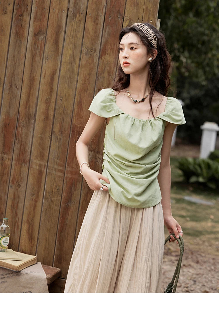 MISHOW French Summer Shirt Women 2025 New Short Flying Sleeve Square Collar Solid Slimming Blouses Female Versatile MXE34X1804