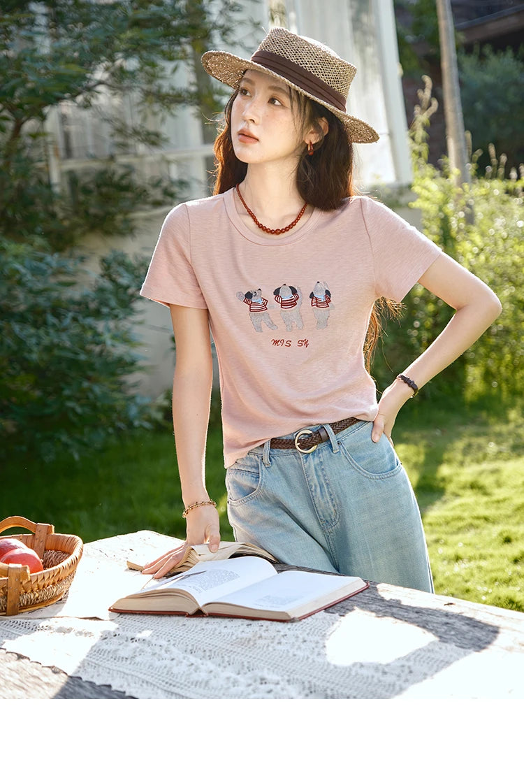MISHOW Short Sleeve Little Bear Print T-shirt for Women 2025 Summer New O-Neck Embroidery Top Versatile Loose Tee MXE39T0699