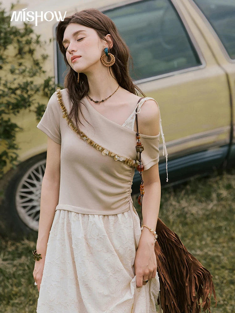MISHOW Holiday Summer Dresses Women New 2025 Short Sleeve Off-shoulder Knitted Patchwork Midi Dress Female Slimming MXE33L2207