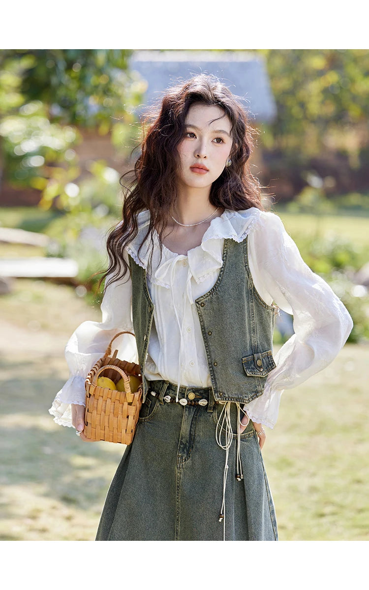 MISHOW Denim Vest Coat Midi Skirt Separately for Women Spring 2025 Korean Retro Washed Cotton Coat Slim A-line Skirt MXE13W0731