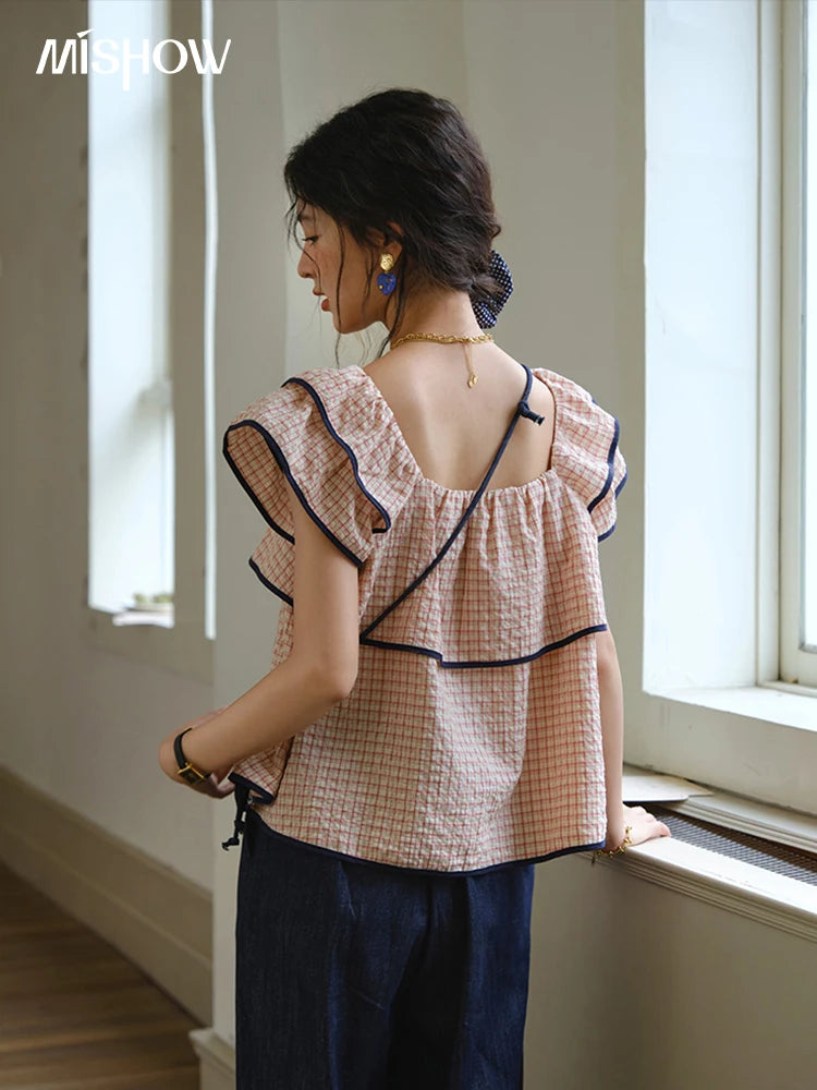 MISHOW Two-Piece Ladies Set Square Neck Ruffles Plaid Blouse High Waist Slim Wide Leg Casual Pants Set 2025 Summer MXE36T0636