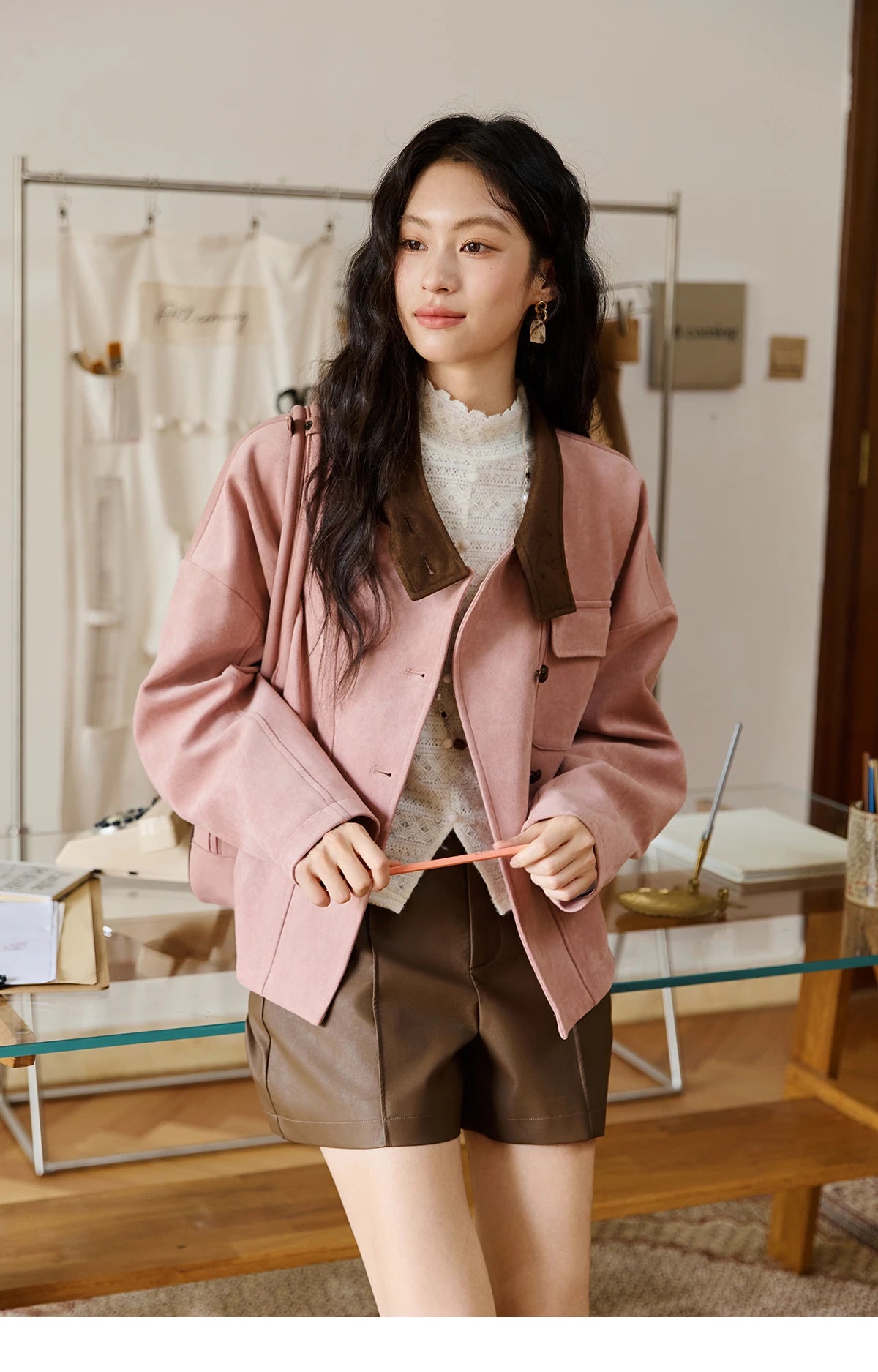 MISHOW Woman Jacket 2025 Autumn French Style Pink Coffee Suede Jacket Contrast Color Stand Collar Loose Short Coat MXE48W0851