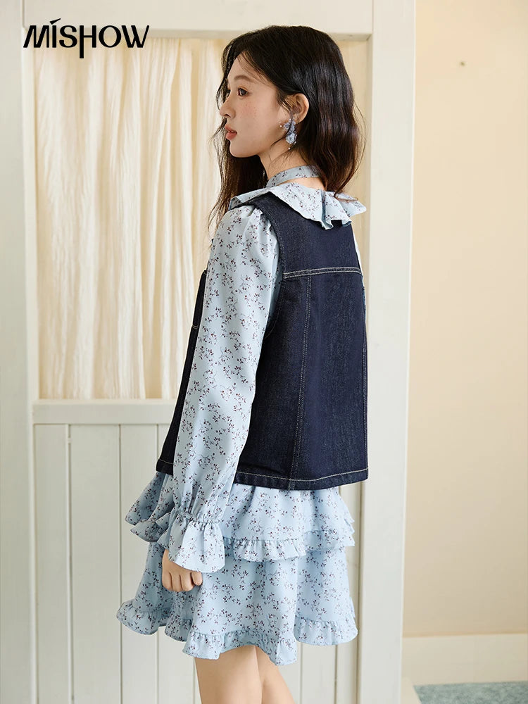 MISHOW Women's Denim Vest 2026 Spring Sleeveless Different Buttons V-neck Casual Waistcoat with Pockets Vest Coats MXE45W0868