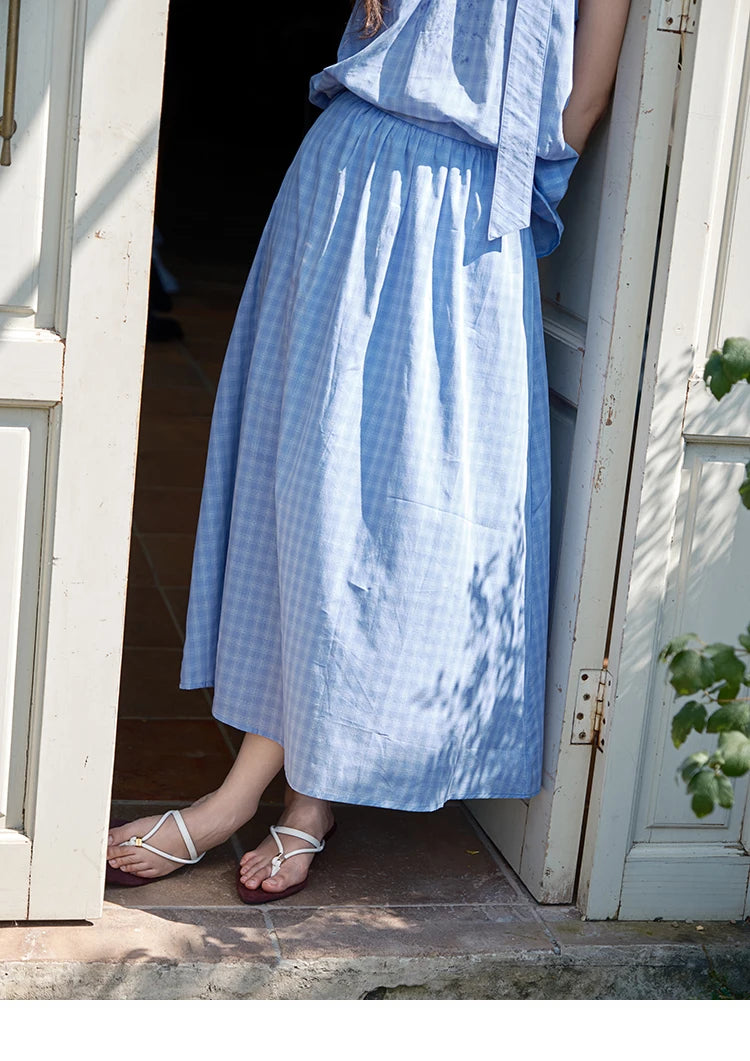 MISHOW Women's 2 Piece Set 2025 Summer Female Vacation Fashion Plaid Hanging Neck Button Top A-line Half Skirt Set MXE39T0711