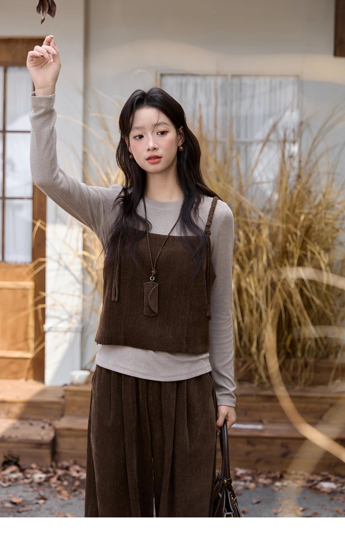 MISHOW Three-piece Suit Women 2025 Retro Brown Vest Wide-leg Pants Gray Long Sleeves Tops Autumn Women's Pants Set MXE49T1422