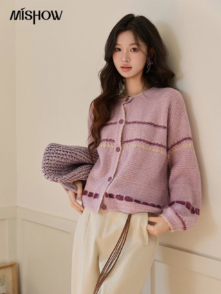 MISHOW Women's Lilac Knit Cardigan 2026 Spring Striped Dot Pattern Crew Neck Tops Single Breasted Warm Loose Sweater MXF11Z2897