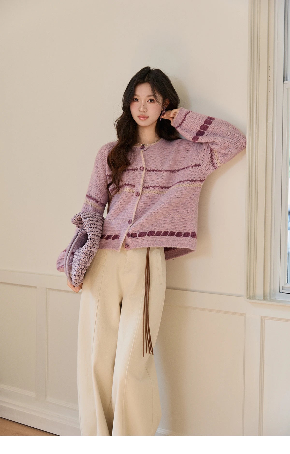 MISHOW Women's Lilac Knit Cardigan 2026 Spring Striped Dot Pattern Crew Neck Tops Single Breasted Warm Loose Sweater MXF11Z2897