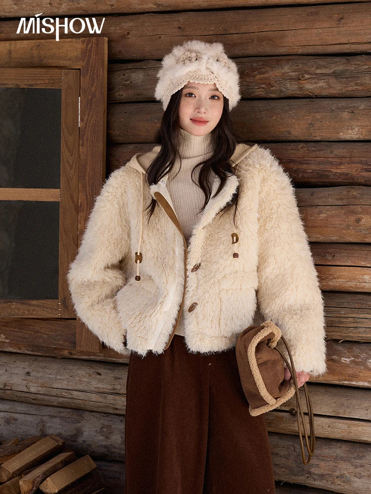 MISHOW Winter Jacket Women 2025 Fashion Beige Knitted Hooded Plush Coat Casual Commute Warm Windproof Short Coat MXE86W0908