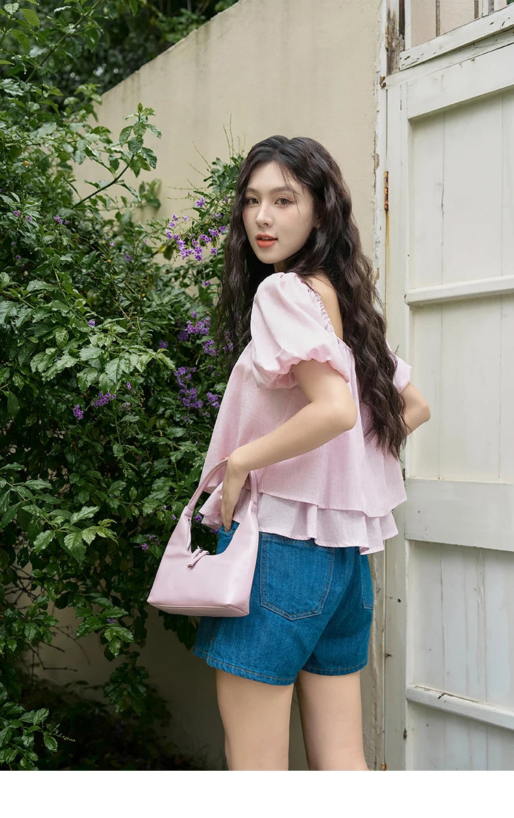 MISHOW French Square Neck Tied Lantern Sleeve Blouses 2025 Summer Double Layered Hem Puff Sleeve Solid Sweet Tops MXD26X1551